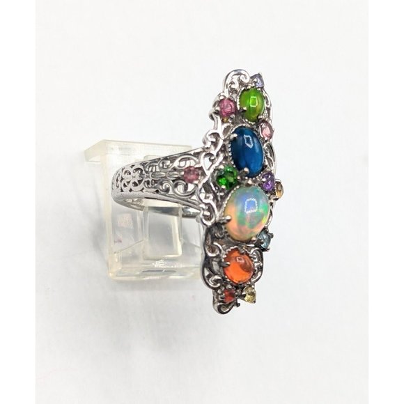 Sterling Silver 925 Multicolor Gemstone Opal Cocktail Statement Ring Size 8 - Picture 3 of 12